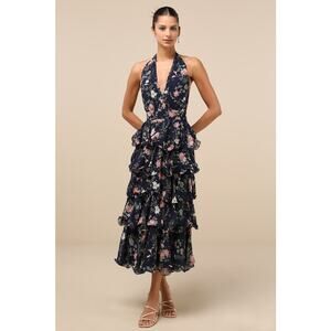 NWT Lulus Exceedingly Gorgeous Navy Floral Tiered Halter Midi Dress Backless S